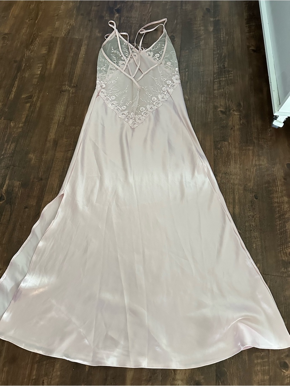 Blush Satin Slip Dress with Lace V-Front